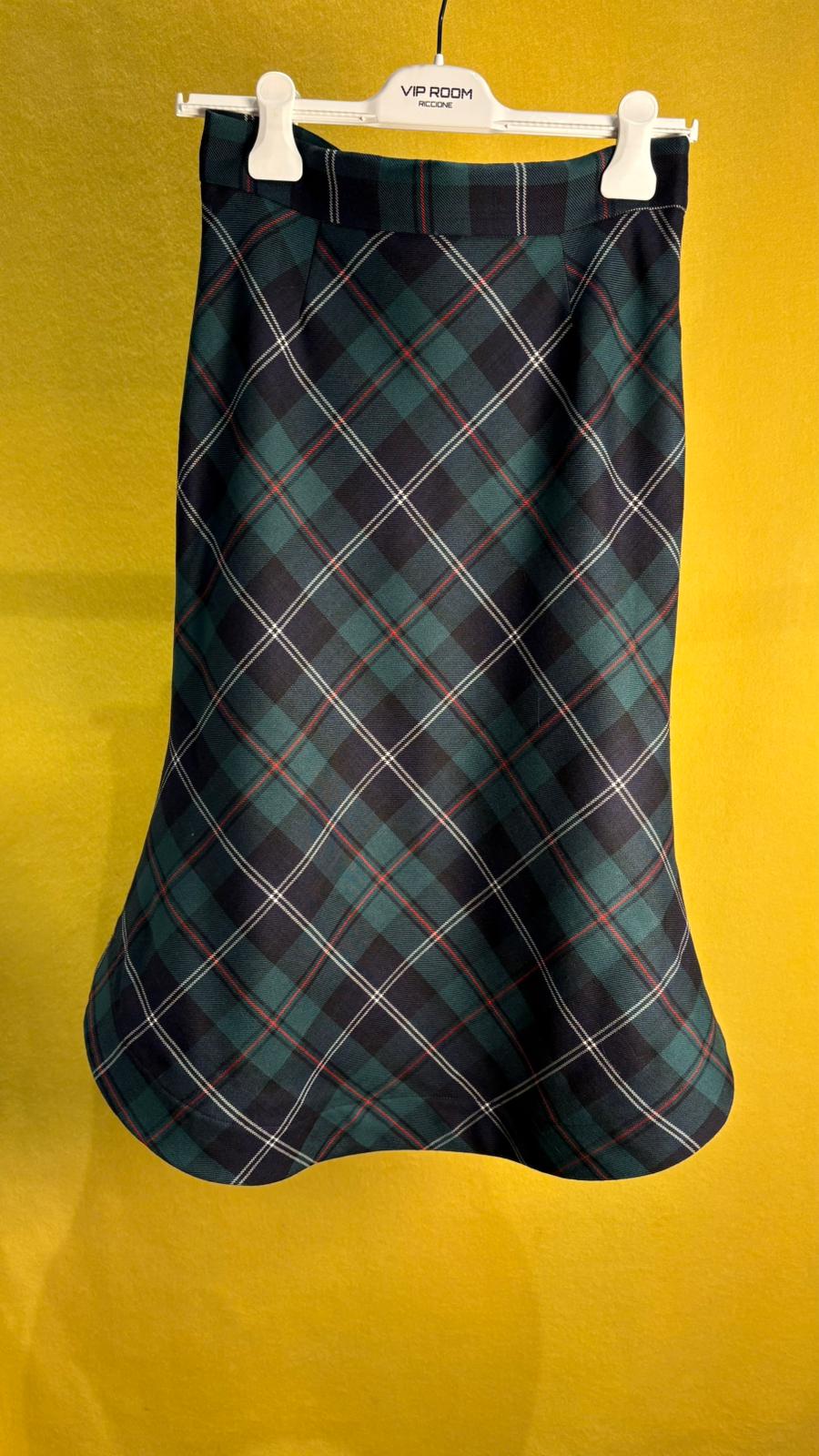 Gonna matita in pura lana tartan verde e rossa