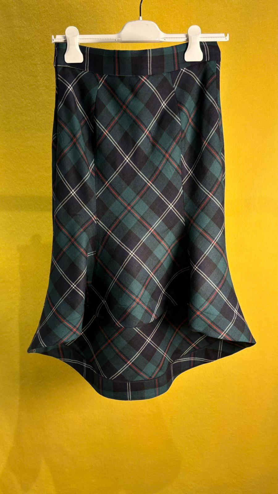 Gonna matita in pura lana tartan verde e rossa