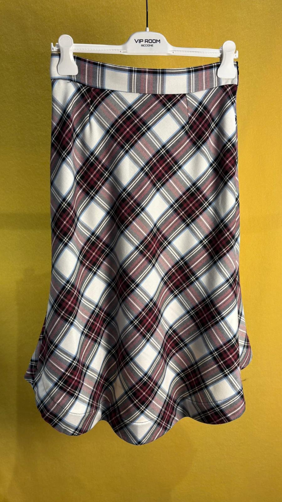 Gonna matita in pura lana tartan bianco e bordeaux