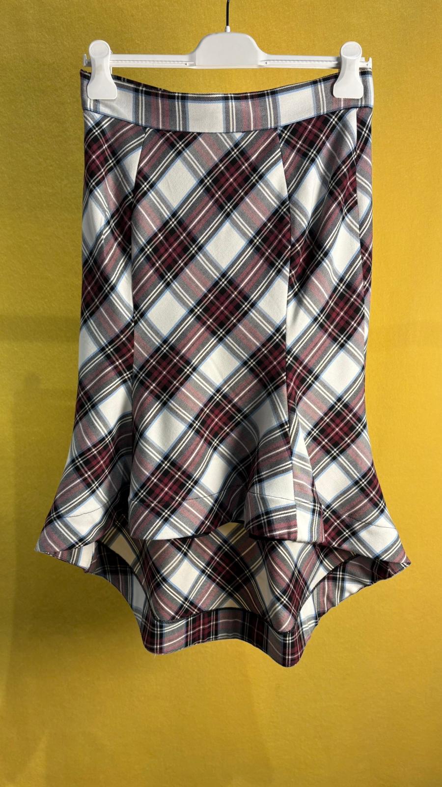 Gonna matita in pura lana tartan bianco e bordeaux