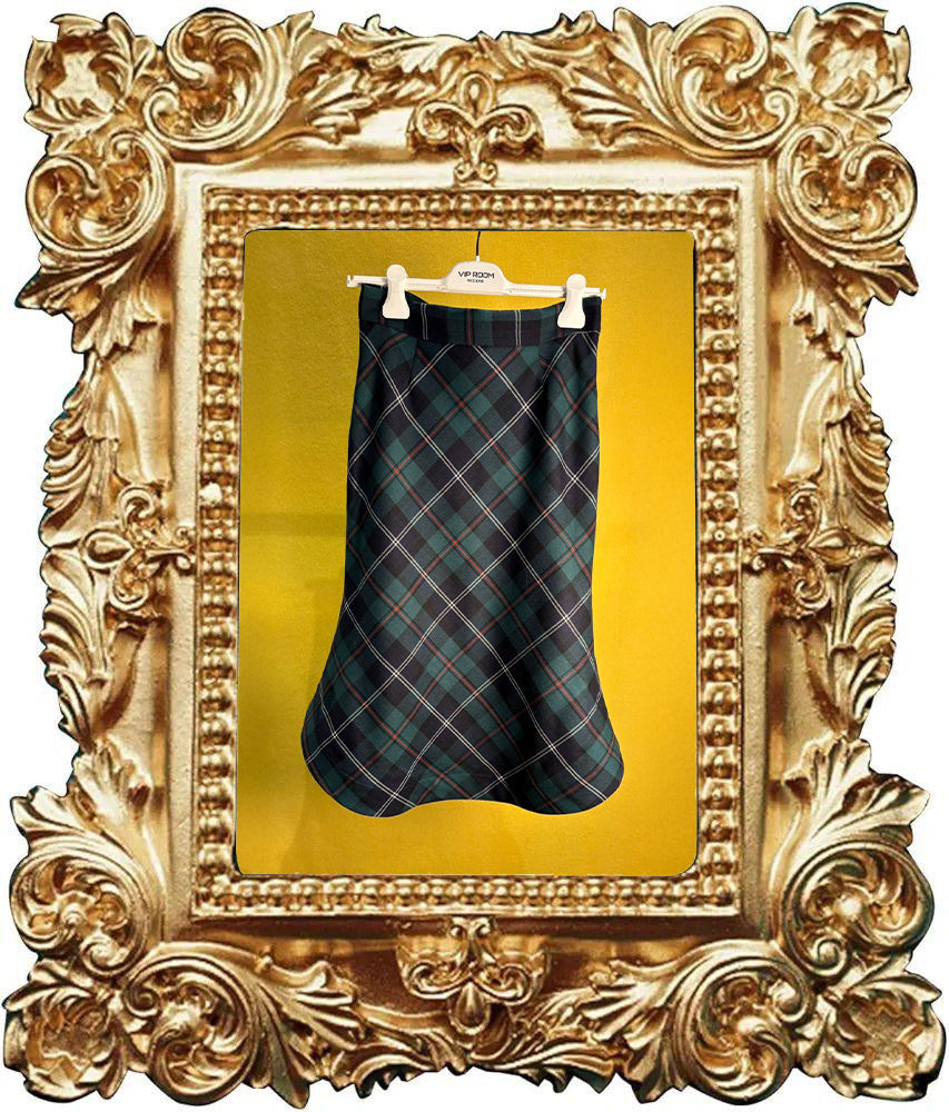 Gonna matita in pura lana tartan verde e rossa